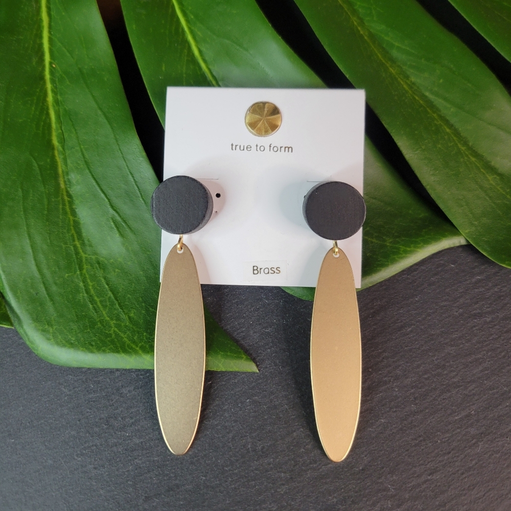 True to Form Two Tone Wooden Black & Brass Circle Dangle Drop Earrings